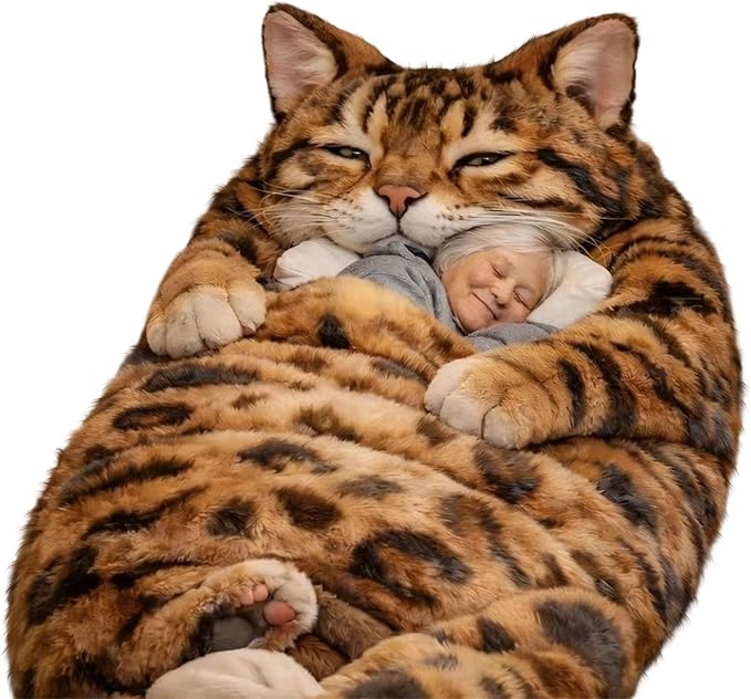 Fluffy Cat Sleeping Bag for Adults Plush Cat Shaped Sleeping Bag for Adults Adorable Cats Envelope Sleeping Bags Washable Warm Blanket for Camping and Home Lounging 68.9x31.5 Inch