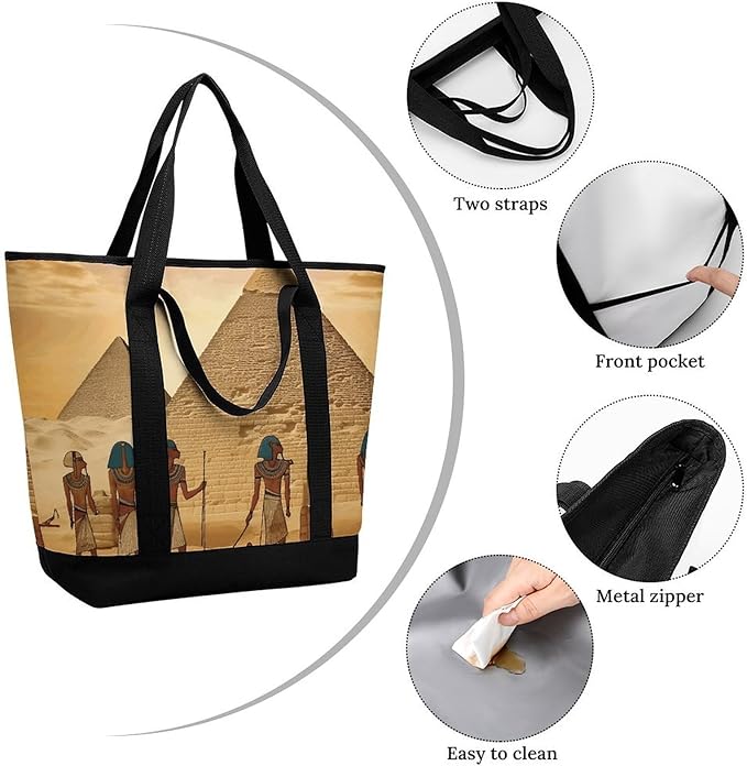 Insulated Shopping BagLarge Reusable Cooler Bags Ancient Egyptians Printed Foldable Shopping BagTravel Waterproof Shoulder Bag