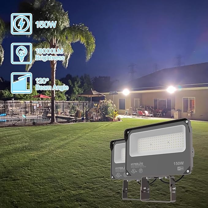 HYPERLITE LED Flood Light 150W 2 Pack 18000LM 5000K Daylight IP65 Waterproof Outdoor Floodlights UL Certified for CourtGardenWarehouse
