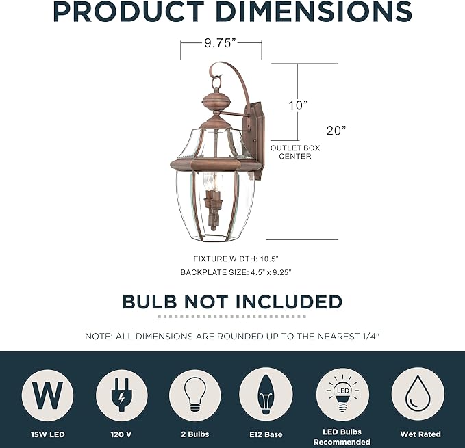 Quoizel Newbury 20 Outdoor Wall Lantern 2-Light Aged Copper with Clear Beveled Glass E12 Base French Country Style