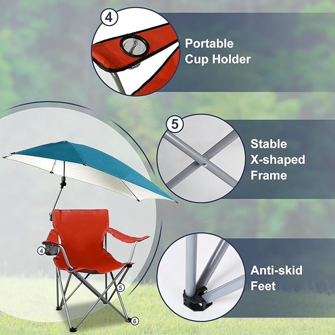 Foldable Beach Chair with Shade Canopy Camping Chair with Cup Holder and Carry Bag for Outdoor Camping Hiking Beach Picnic 220.5LBS (Red)