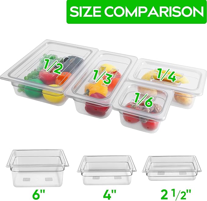6 Pack 1/2 Size 4'' Deep Clear Food Pans with Lids Commercial Food Pans Polycarbonate Transparent Food Storage Containers Stackable Plastic Pan with Capacity Scale Restaurant Supplies Hotel Pan