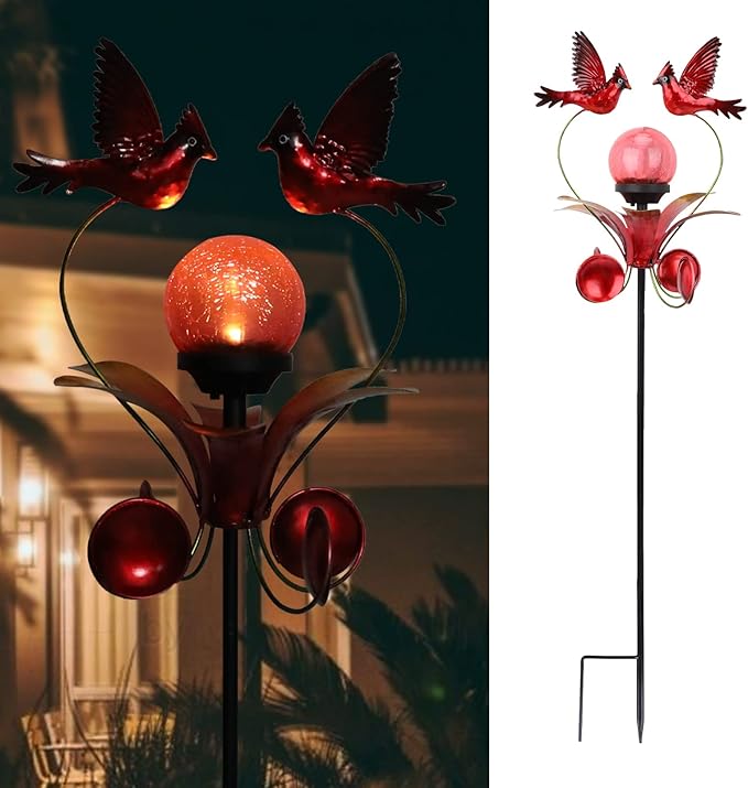 VCUTEKA Cardinal Solar Lights Outdoor Metal Garden Stake Waterproof Crackle Glass Globe Garden Decor Cardinal for Pathway Lawn Patio Yard