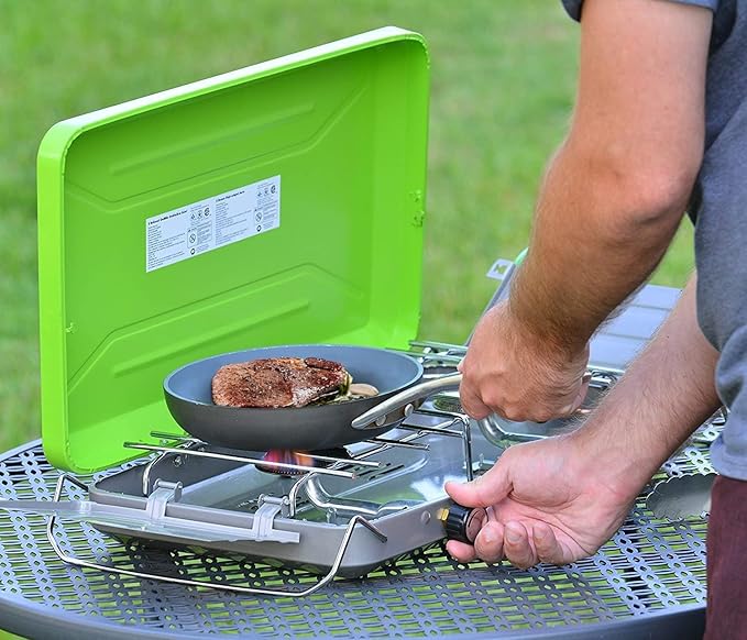 Flame King VT-101 2-Burner Portable Camping Stove Grill Great for Outdoor Cooking Backpacking Compatible with 1LB Propane Gas Bottle