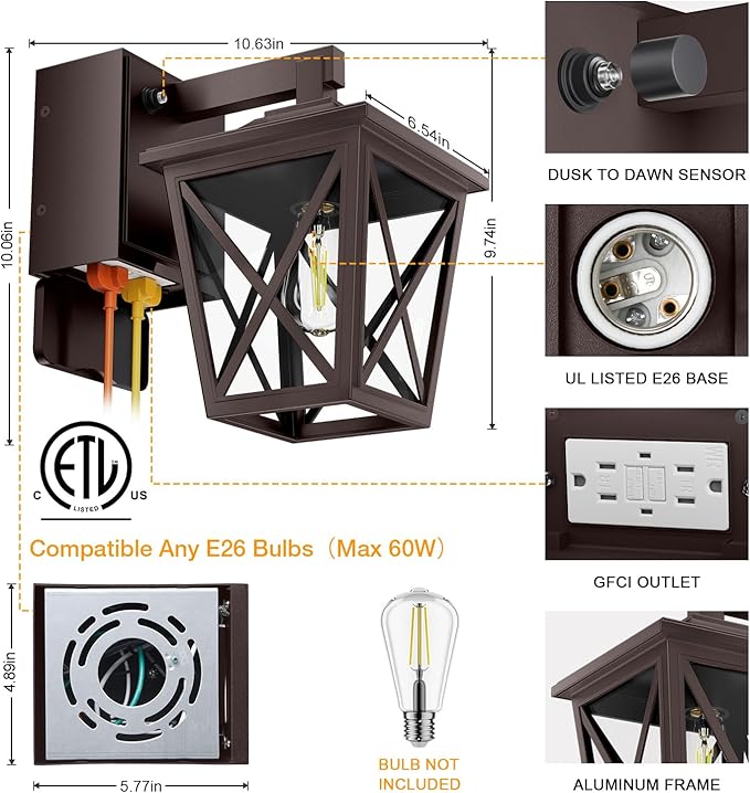 Ehaho Porch Lights with Outlet Dusk to Dawn Outdoor Light Built-in Waterproof Anti-Rust Lantern Outside Light with GFCI Outlet Wall Sconce Light with Plug for Front Door (Brown 1 PC) (Pack of 2)