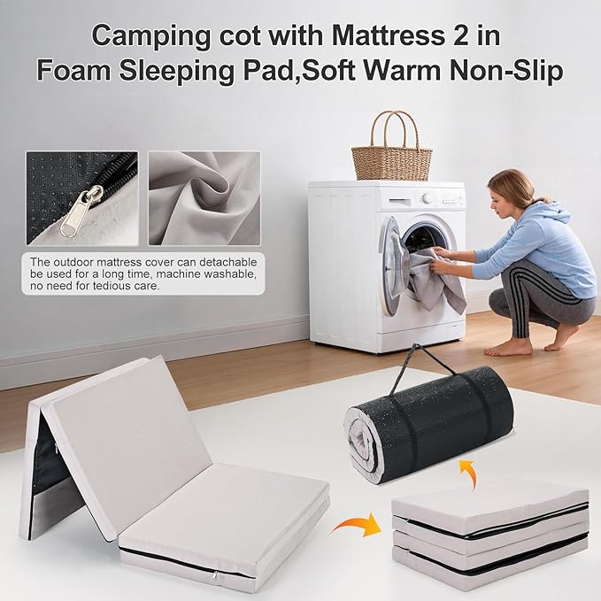 ABORON XXL Camping Cot with 2in Memory Foam Trifold Mattress 900LBS Heavy Duty Sleeping Cot for Adults Extra Wide Sleeping Cot 1200D Double Layer Oxford Cot for Camping Guest Office Nap