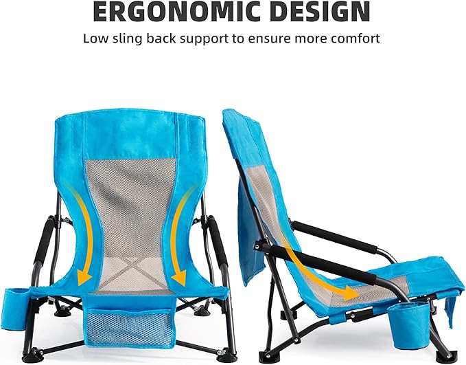 Portable Folding Beach Chair for Adults - Lightweight Low Back Sling Chair with Cup Holder &amp Storage Pocket 300lbs Capacity Camping Chair for Outdoor Lawn Concert Travel (Blue)