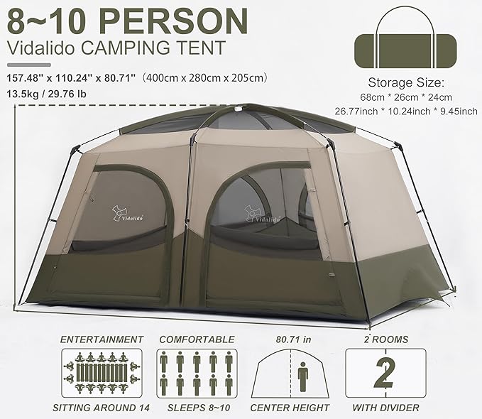 Vidalido Tents8-10 Person Camping Tent with Extended Vestibule2 Room Weather Resistant Family TentsEasy Install Waterproof Outdoor Tent for Camping Hiking