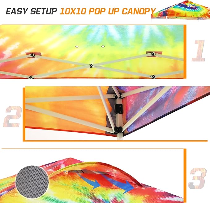 EAGLE PEAK Pop Up Canopy Tent with Wheeled Carry Bag 8 Stakes 4 Ropes 4 Weight Bags Easy Set Up Tent Canopy 10x10 ft 100sqft of Shade Cosmic Tie Dye