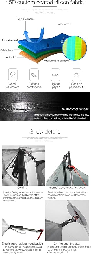 3F UL GEAR Lanshan 2 Person Tent Hiking Ultralight Camping Tent Professional 15D Silnylon Rodless Trekking Pole Tent Waterproof Backpacking Outdoor for Camping Bivvy
