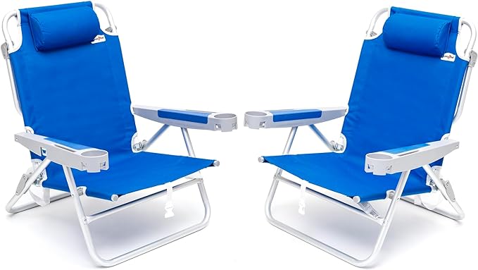 SUNNYFEEL Extra Wide 28 Low Beach Chair 2 Pack 5 Position Lay Flat XL Oversized Portable Folding Camping Chairs with Cup Holder for Outdoor/Trip Foldable Backpack Beach Chair for Adults