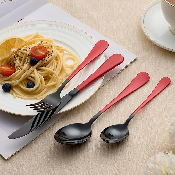 20-Piece Black and Purple Stainless Steel Flatware Set - 4 Dinner Knives Forks Spoons Salad / Dessert Teaspoons - Dishwasher Safe