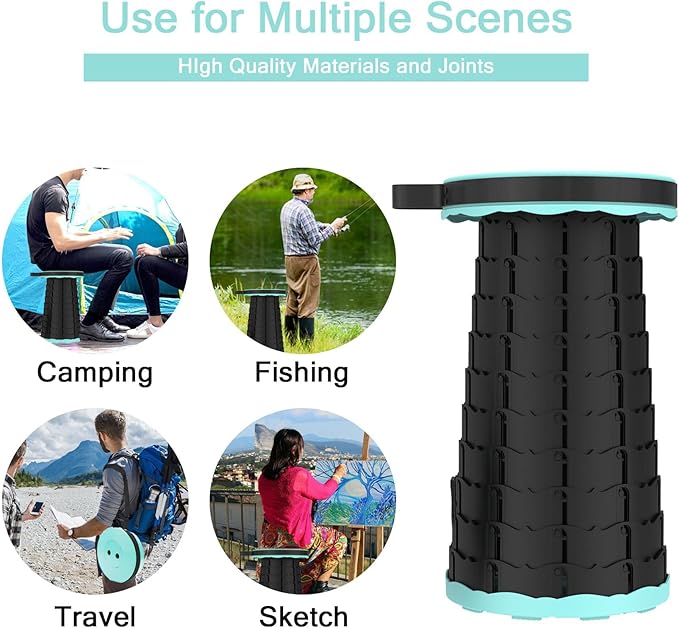 LB Portable Collapsible Retractable Folding Stool Lightweight Telescoping Foldable Camping Stool for Adults for Outdoor Fishing Hiking Gardening Travel BBQ Hunting Indoor Activities (Teal Black)