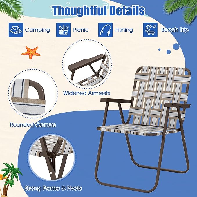 Giantex 4-Pack Lightweight Folding Camping Chairs 330 LBS Beach Chairs with Armrests No Assembly Needed Portable Webbed Lawn Chair for Picnic Fishing Patio Yard Outdoor Events Brown