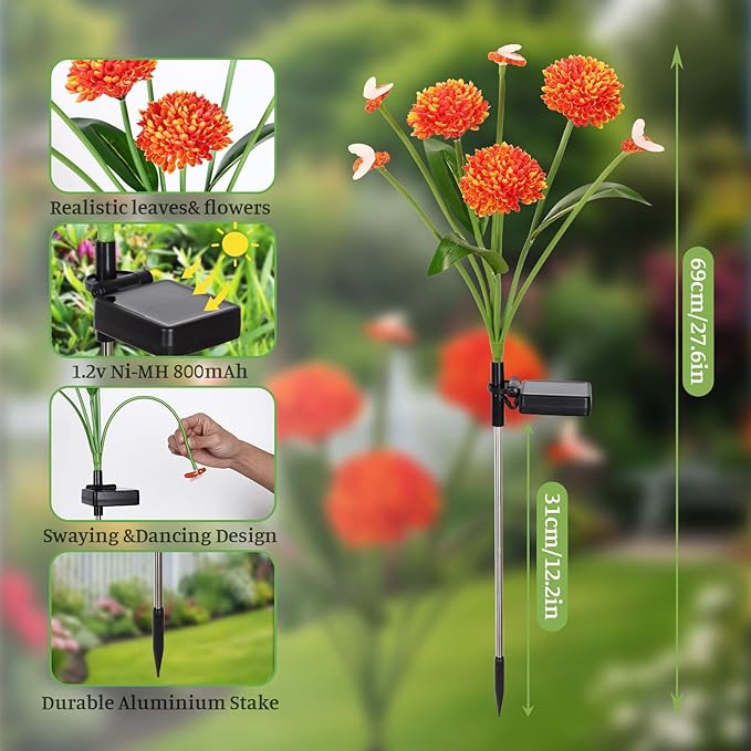 Solar Garden Lights Outdoor Waterproof 2 Packs Solar Swaying Bee Lights with Fake Flowers Fairy Lights Outdoor Patio Yard Pathway Decoration Ideal Gifts for Women Mother's Day