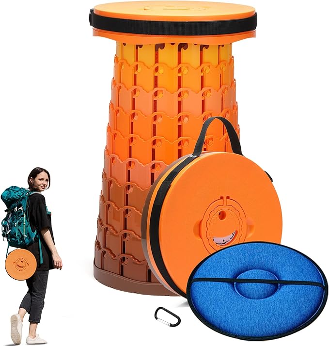 Upgraded Collapsible Stool with Cushion 1000 lbs Capacity &amp 19.7-in High Wider &amp Taller Heavy Duty Portable Telescoping Foldable Seat for Adults Camping Travel Music Festivals Outdoors