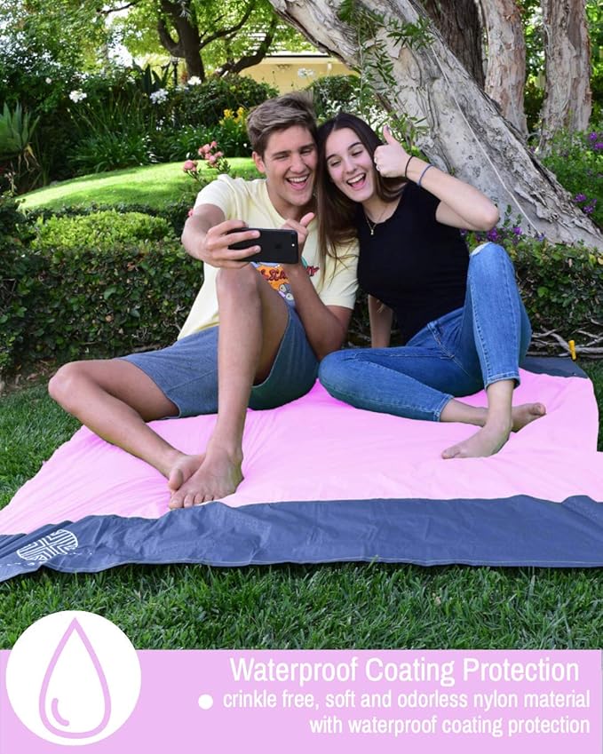 ECCOSOPHY Sand Proof Beach Blanket - Waterproof Picnic Blanket 60x55 Outdoor Compact Pocket Blanket Lightweight Ground Cover for Hiking Camping Festivals Sports Travel with Bag &amp Stakes (Pink)