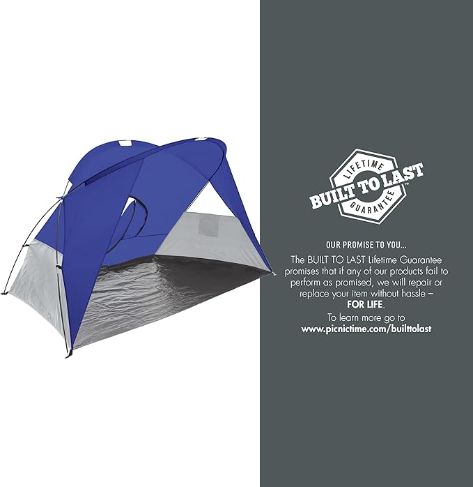 PICNIC TIME Cove Portable Beach Tent Fully-Assembled Pop Up Tent Beach Shade and Sun Shelter Instant Outdoor Shade with Carrying Bag and UPF50+ UV Protection (Blue with Gray Accents)