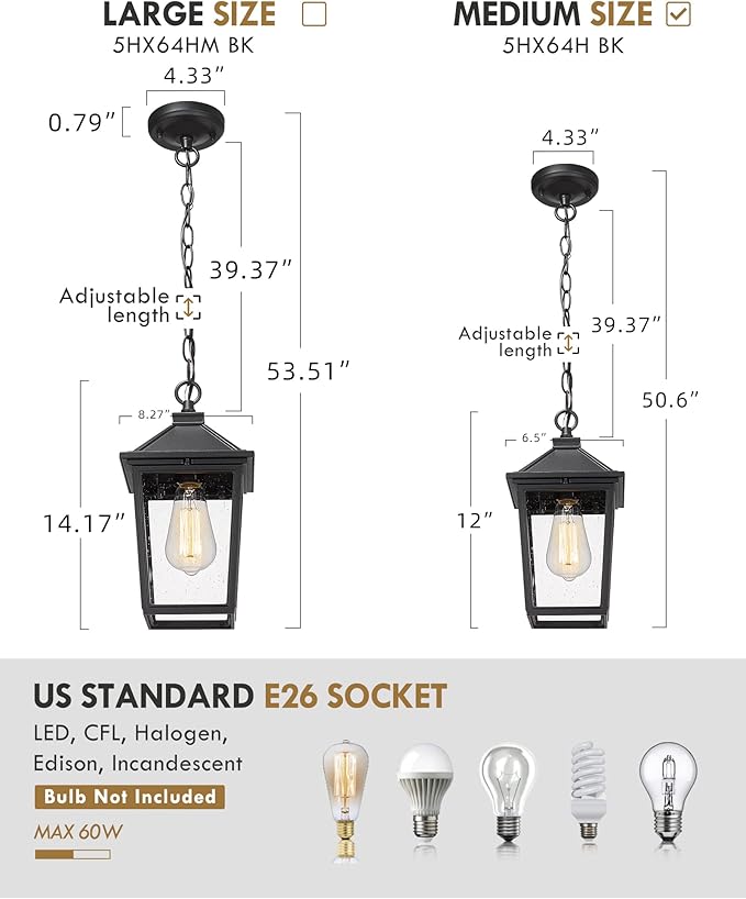 Outdoor Pendant Lights HWH Farmhouse Exterior Hanging Porch Light Outside Hanging Lantern with Height Adjustable Chain Matte Black Finish with Seeded Glass 5HX64H BK