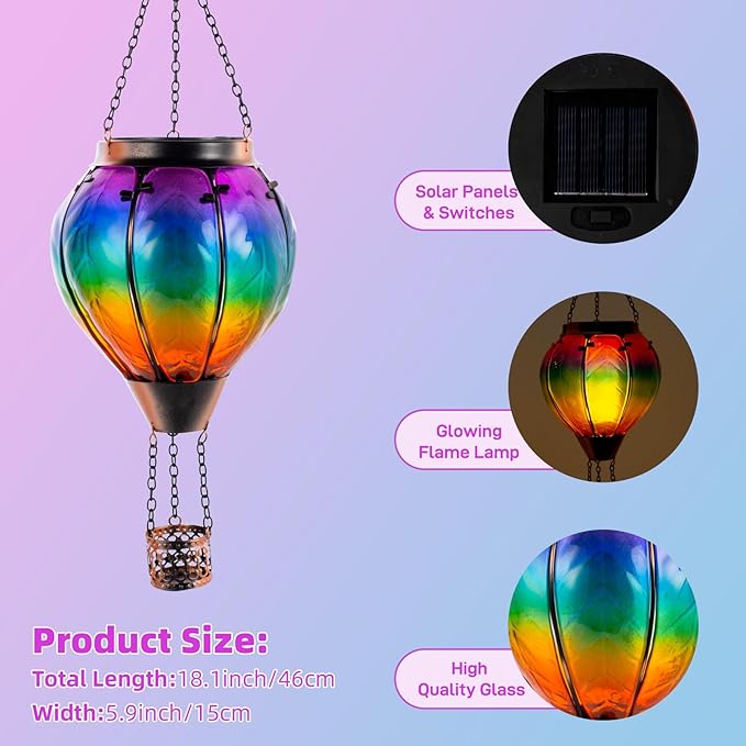Solar Hot Air Balloon Lantern with Flame Hanging Glass Hot Air Balloon Solar Lantern Waterproof Decorative Outdoor Hot Air Balloon Solar Light for Outside Garden Patio (Purple Gradient)