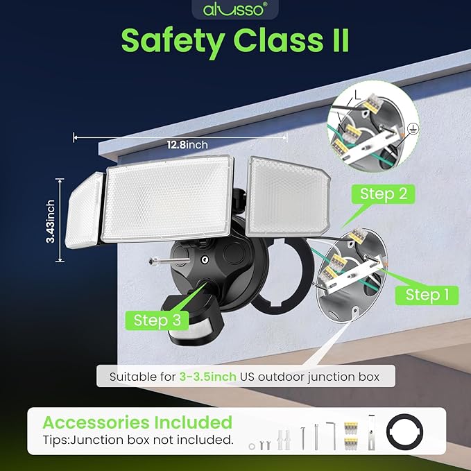ALUSSO LED Security Lights Motion Sensor 120V 60W 6000LM 3 Modes Flood Lights Outdoor Motion Sensor 3CCT 3 Heads Outdoor Security Light Wet Location Use for House Garage Yard Walkway Black