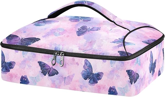 Casserole Carrier Blue and Purple ButterflyInsulated Casserole Carrier for Hot or Cold Food Thermal Lunch Tote for Potluck Parties Picnic Beach Fits 9 x 13 Inches Baking Dish