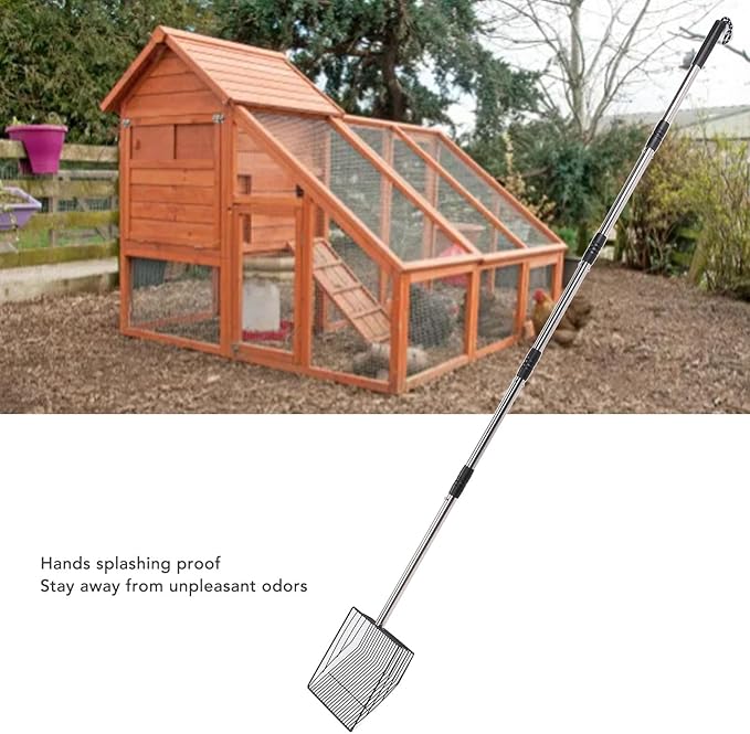 Extended Handle Litter Scoop Stainless Steel 20x20x6cm Non Stick Heavy Duty Poop Shovel - Expandable Handle Ergonomic Design for Livestock and Poultry Care
