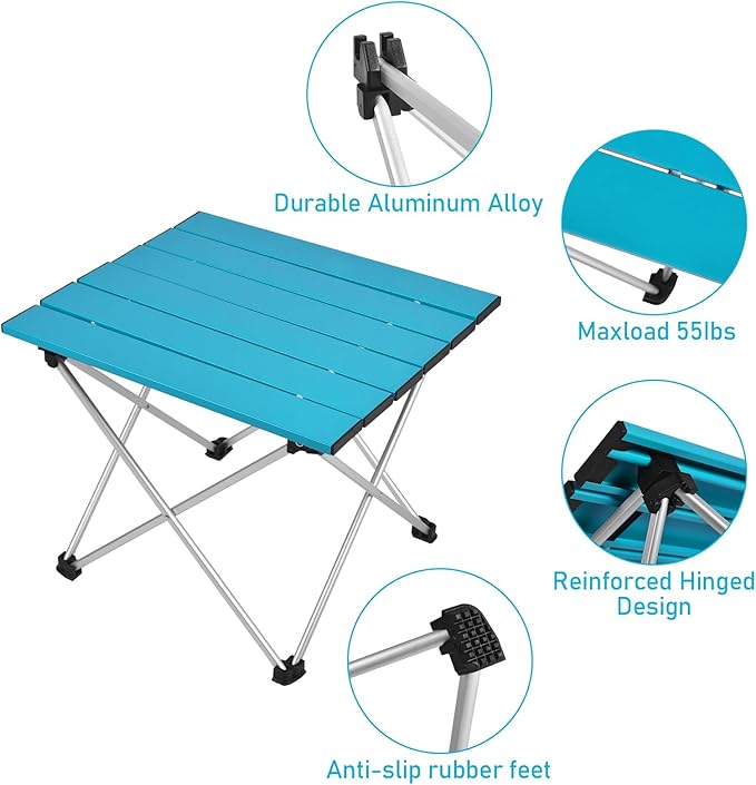 Tesouro Portable Camping TableFolding Side Table Aluminum Top for Outdoor Cooking Hiking Travel Picnic (Blue-Medium)