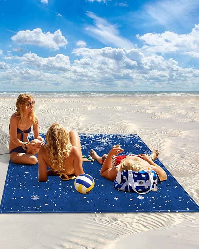 Beach Blanket Waterproof Sandproof Merry Christmas Winter Snowflakes Seamless Quick Drying Beach Mat with 4 Stakes White Snowflake Blue Back Lightweight Picnic Blanket for Travel Camping 118x108