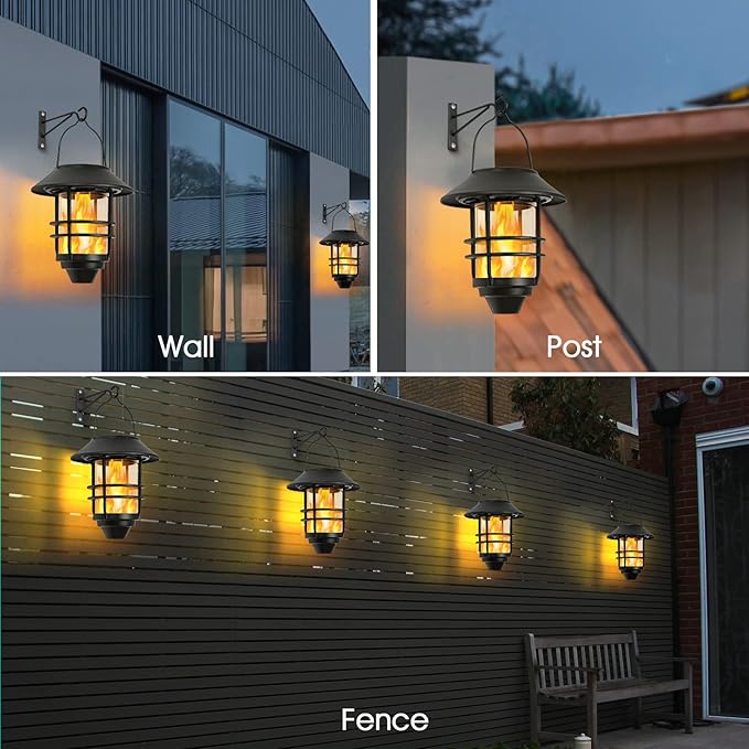 Solar Hanging Lantern Outdoor Flickering Flames Outdoor LightsSolar Lights Waterproof for Wall Fence Patio Porch Yard2 Pack