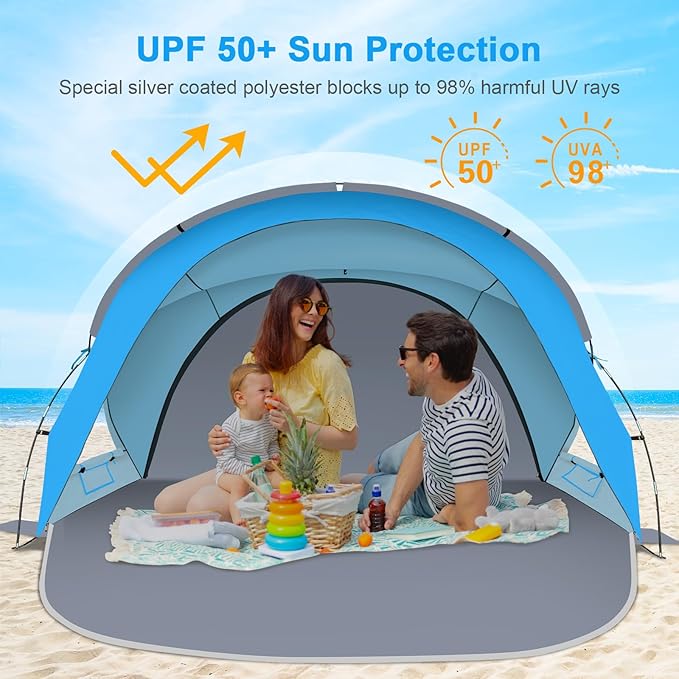 Gorich Beach Tent Sun Shelter with 2 Doors for 4 People &amp A Set of Extra Beach Tent Poles for Replacement (4 People SkyBlue)