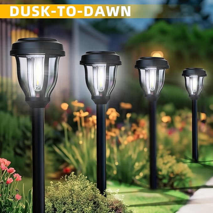 DERAYSION 12 Pack Solar Lights Outdoor Solar Pathway Lights Auto On/Off Waterproof Garden Landscape Lighting for Path Yard Walkway Driveway Cold White