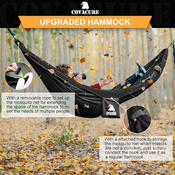 Covacure Camping Hammock - 772lbs Capacity Double Hammock with Tree Straps Lightweight Parachute Nylon Outdoor Survival Gear for Hiking Backpacking Travel or Backyard (Black)
