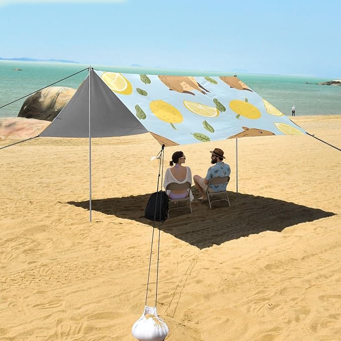 Cute Capybara Lemon Camping Sun Shelter Beach Tent Portable Beach Sun Shade Outdoor Canopy for Camping Trips Fishing Picnic