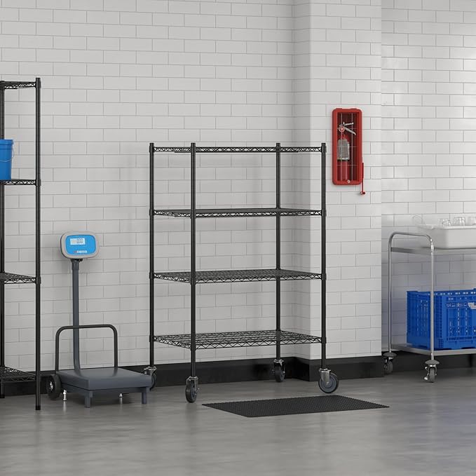 Commercial NSF Listed Black Epoxy Mobile Wire Shelving Kit 24 x 36 x 60 with 4 Shelves Perfect for Warehouse Walk-in Refrigerator Freezer Grocery Store Restaurant Dishroom
