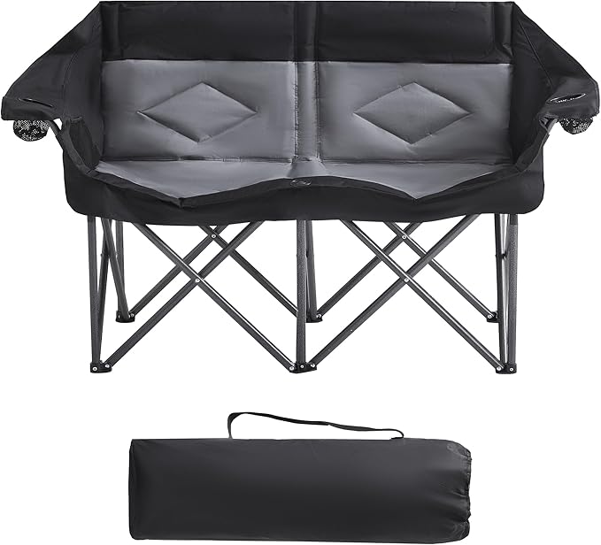 Foldable Double Camping Chair Heavy Duty 800 LBS Capacity with 2 Cup Holders &amp Side Pocket for Outdoor Camping Picnic (Black 1 PCS)