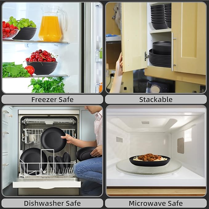 Black Plates and Bowls Sets for 8Wheat Straw Dinnerware Sets Black Plastic Reusable Dishwasher Safe for Kitchen Halloween Camping32 Pcs Lightweight Unbreakable Plastic Dishes Set Outdoor