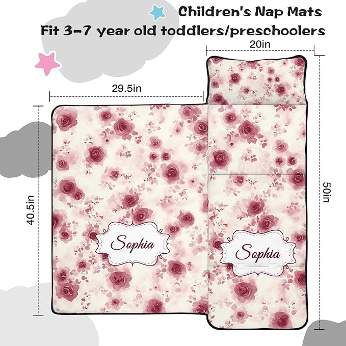 Custom Toddler Nap Mat with Name – Personalized Sleeping Bag for Kids with Pillow and Blanket Roll-Up Design