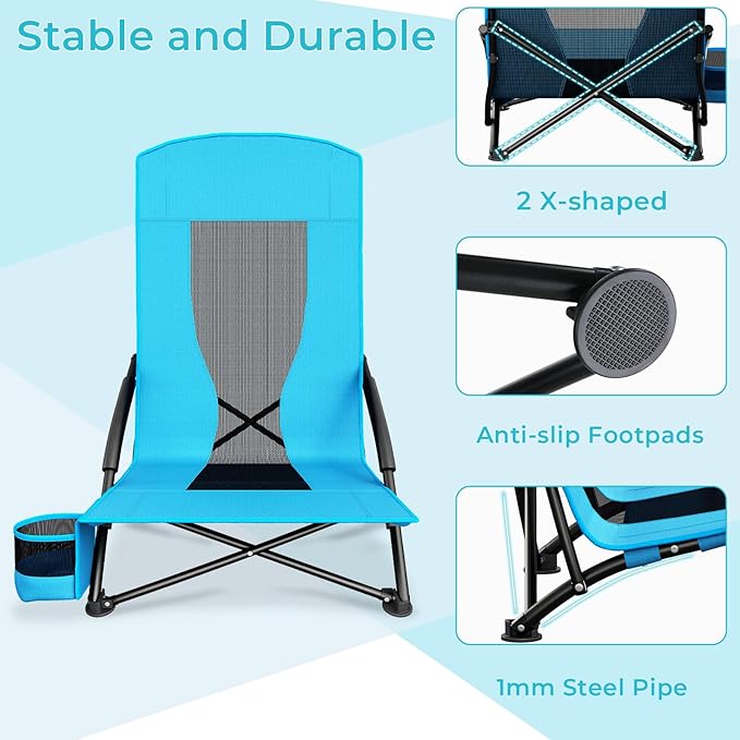 TLSUNNY 28.5″ High Back Folding Beach Chair for Adults W/Carry Bag Portable Low Beach Chair W/Mesh Back &amp Padded Armrest Cup Holder for Camping Outdoor Travel 2pack 350LBS (Blue)