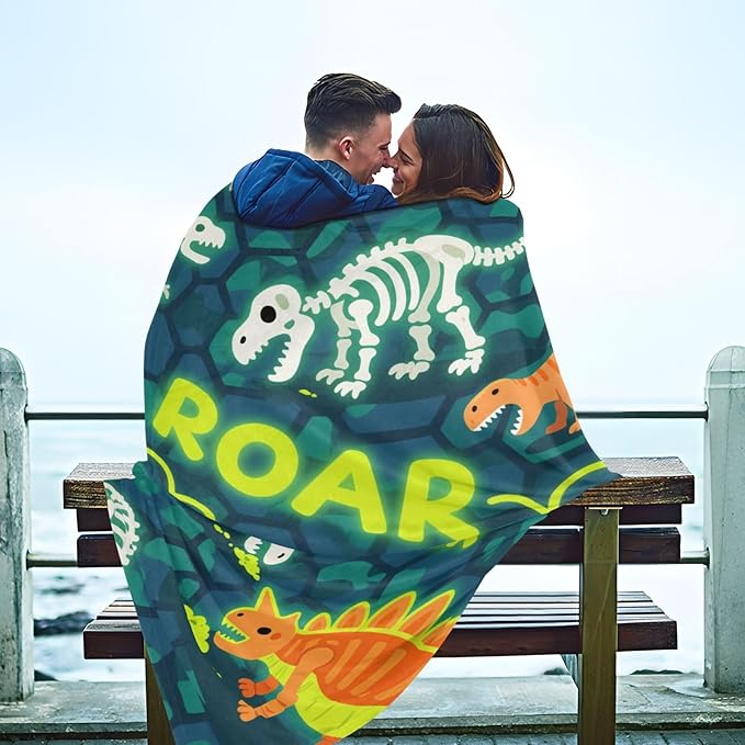 Throw Blankets For Women Roaring T-rex Skull Ankylosaurus Rock Texture Fluorescent Yellow Green Blankets And Throws 50x70