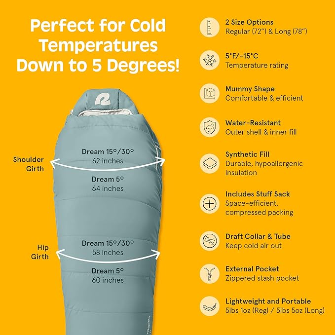 Retrospec Dream Mummy Sleeping Bag - 5 15 &amp 30°F Cold Weather Camping &amp Travel Essential Gear with Water - Resistant Shell &amp Synthetic Fill - Zippered Pocket &amp Stuff Sack