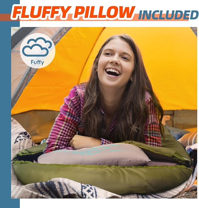 MEREZA 0 Degree Winter Sleeping Bag for Adults Kids with Pillow Cold Weather Sleeping Bag for 4 Season Camping Hiking Backpacking Sleeping Bags for Big and Tall
