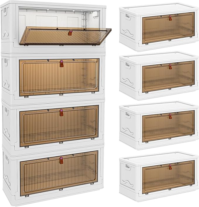 4 Tier Storage Bins with Lids 102QT Stackable Storage Containers with Wheels Folding Boxes Extra Large Collapsible Bins White