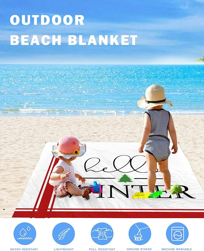 Beach Blanket Waterproof Sandproof OversizedChristmas Simple Red Stripe on White Beach Mat with Corner Stakes Sand PocketsHello Winter Quote Outdoor Picnic Mat for Travel Camping Hiking 95x80In