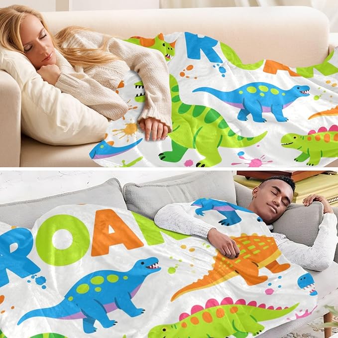 Blanket Throw For Women Cartoon Roaring Dino Fluorescent Blue Green White Sofa Throws 50x70 Inches