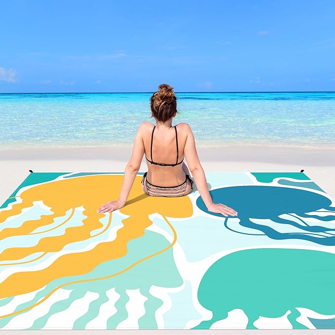 Beach Blanket Waterproof Sandproof Oversized 110''×118'' Extra Large Beach Mat Sand Free Lightweight Compact Foldable Picnic Blanket w/ 4 Stakes &amp Pockets for Camping Travel Beach Accessories