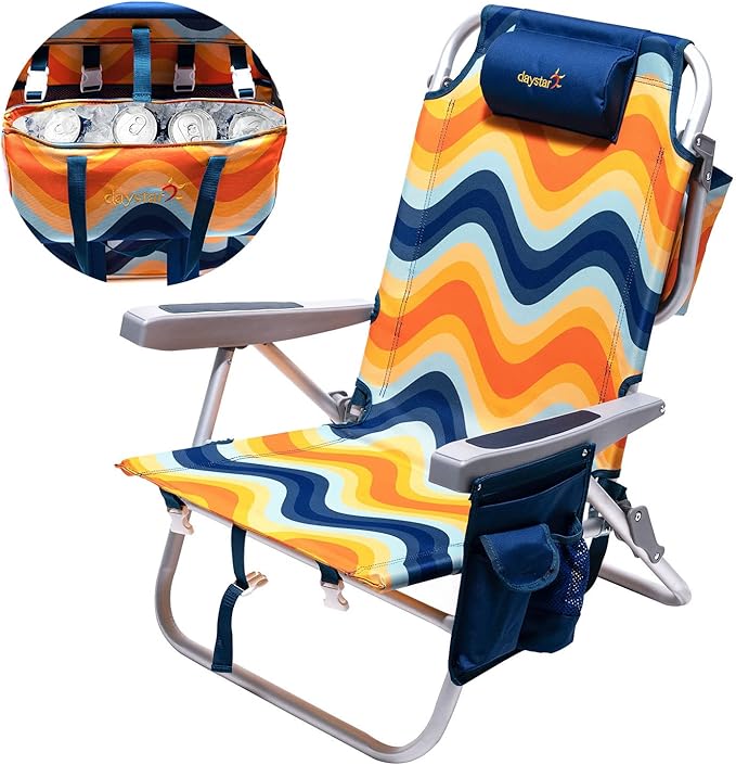 SUNNYFEEL Low Beach Chair 5 Position Lay Flat Portable Folding Backpack Beach Chairs Heavy Duty with Cooler Bag Cup Holder for Outdoor/Lawn/Trip/Picnic/Fishing Foldable Camping Chair