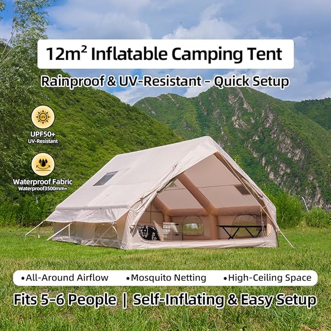 Inflatable Tents for Camping Blow Up Tent with Hand Pump Easy Setup 4 Season Inflatable Tent with Mesh &amp Chimney Window. Waterproof Oxford Air Tents for Camping 4/6/8/10/12