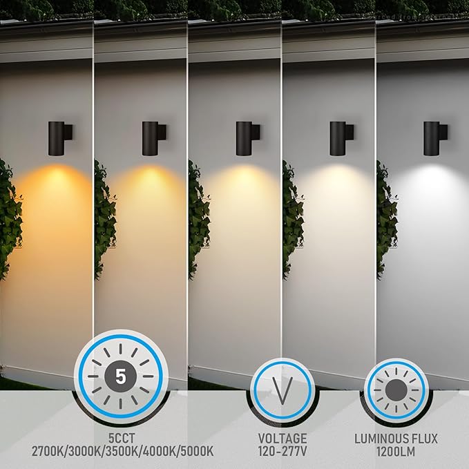 LEONLITE 12 Inch 5CCT Architectural Cylinder LED Down Light Outdoor 100V-277V 15W Aluminum High-end Wall Sconce Built-in Driver IP65 ETL Exterior Light 2700K/3000K/3500K/4000K/5000K Pack of 2