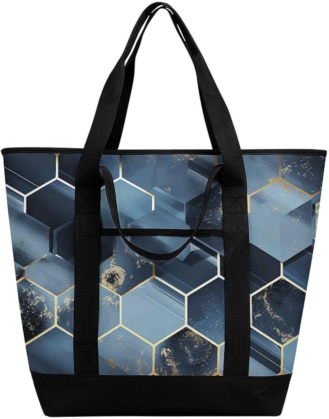 Insulated Shopping BagLarge Reusable Cooler Bags Blue Hexagons And Diamonds Printed Foldable Shopping BagTravel Waterproof Shoulder Bag